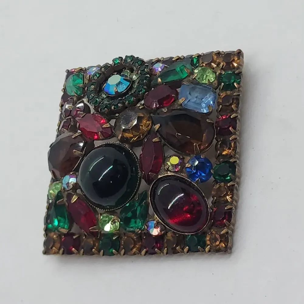 Vintage HUGE Weiss Fruit Salad Rhinestone Cabochon Square Multicolor Unsigned